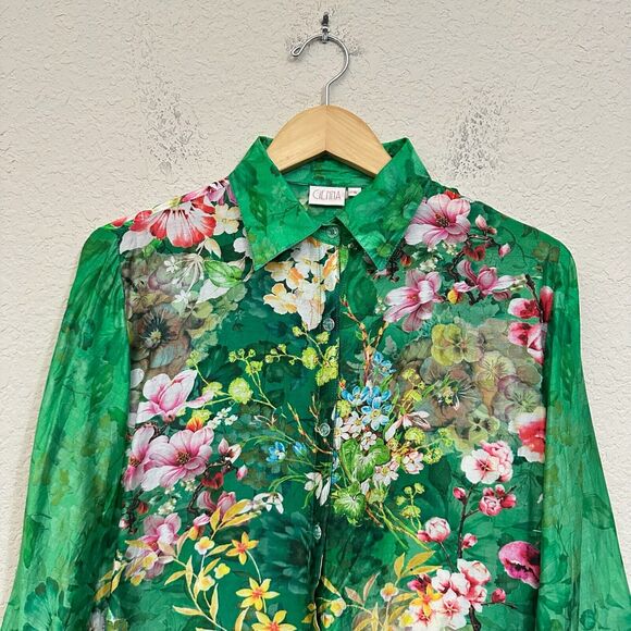 CIENNA Floral Shirt Green Button Up Roll Tab Sleeve Satin Silk Boho - Picture 3 of 12